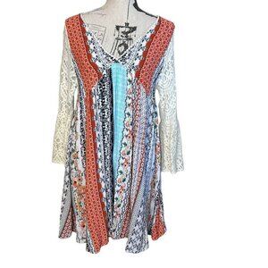 Kori America Boho Sheath Dress Empire Waist Size M Lace Bell Sleeve Casual
